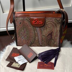 ETRO Brown Paisley Crossbody Bag with Orange Trim, Purple Tassel Like New